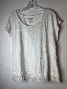 Chico's Women's Size 2 (Large) White Top Fringe Hem Cap Sleeves T-Shirt